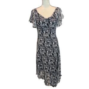 Vtg 90s Y2K Sz 13/14 Bias Cut Fairy Whimsygoth Chiffon Dress Black Floral